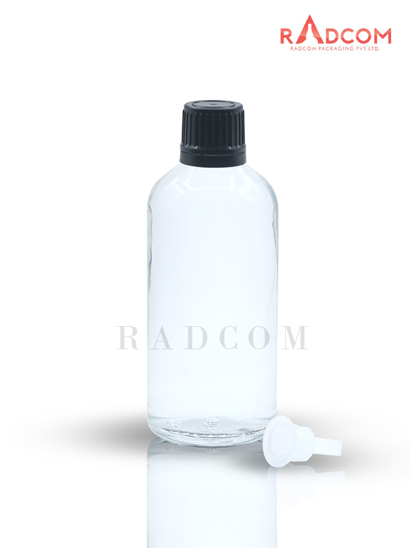 100ML Clear Glass Dropper Bottle with Black Type 1 Cap and Dropper
