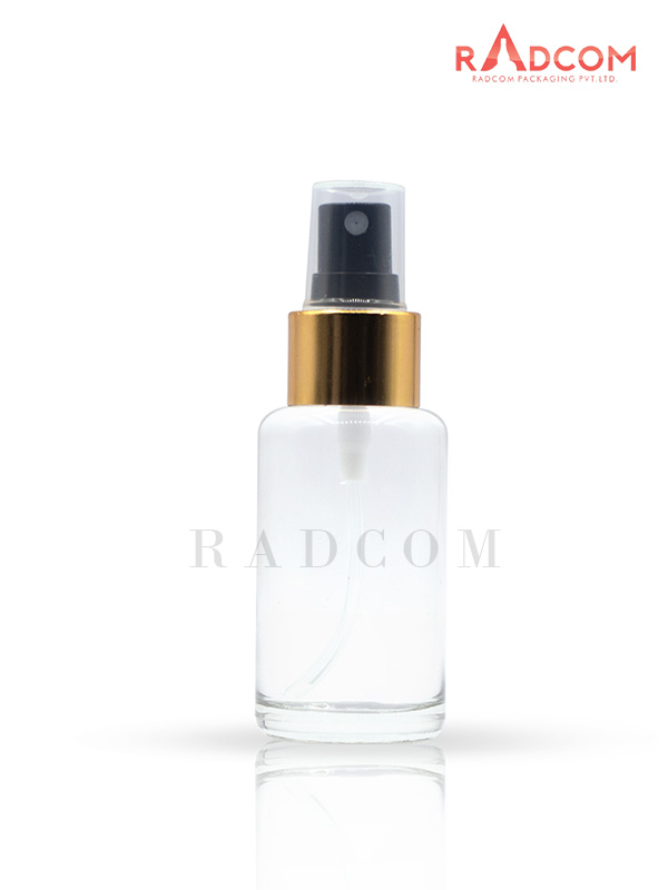 100ML Clear Luna Bottle With 24mm Mist Spray Pump with Black With Gold Collar