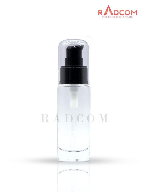 100ML Straight Shoulder Clear Lotion Glass Bottles With 24mm Black Luna Lotion Pump With Full Acrylic Over Cap