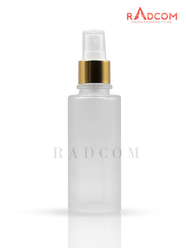 110ML Clear Frosted Lotion Bottle With 24mm Mist Spray Pump with White and Golden Collar