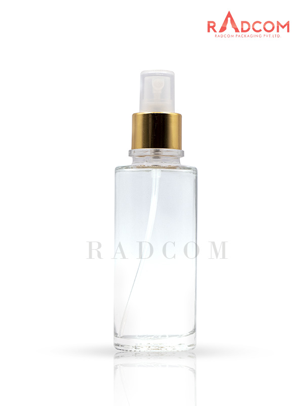 110ML Clear Lotion Bottle With 24mm Mist Spray Pump with Natural With Golden Collar