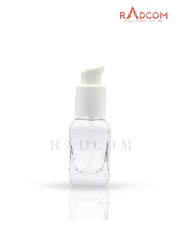 20ML Clear Square Bottle With 20mm White Lotion Pump With Half Over Cap