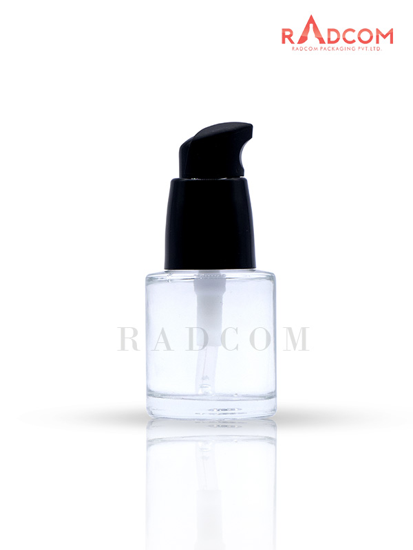 20ML Short and Straight Shoulder Clear Lotion Glass Bottles With 20mm Black Lotion Pump With Half Over Cap