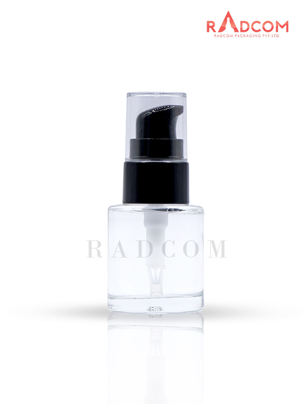 20ML Short and Straight Shoulder Clear Lotion Glass Bottles With 20mm Black Plum Lotion Pump With Over Cap