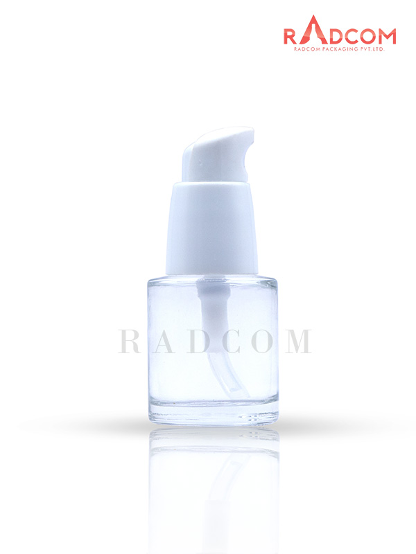 20ML Short and Straight Shoulder Clear Lotion Glass Bottles With 20mm White Lotion Pump With Half Over Cap