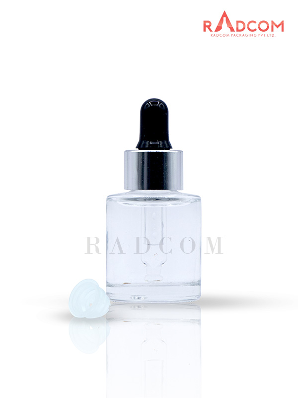 20ML Short and Straight Shoulder Clear Lotion Glass Bottles With Silver Dropper Set With Black Teat and Wiper