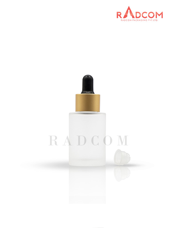 30ML Clear Frosted Lotion Glass Bottle with 20mm Matt Golden Dropper Set With Black Teat and Wiper