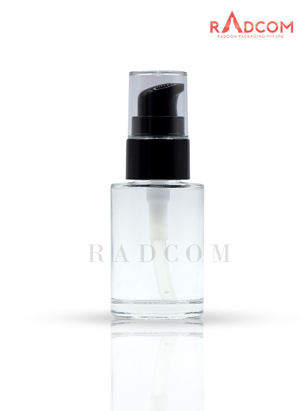 30ML Short and Straight Shoulder Clear Lotion Glass Bottles With 20mm Black Lotion Pump With Full Acrylic Over Cap