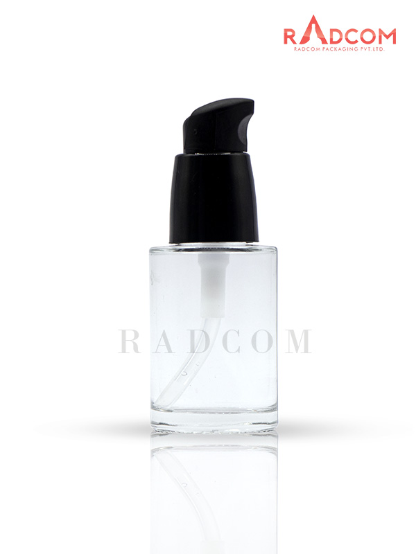 30ML Short and Straight Shoulder Clear Lotion Glass Bottles With 20mm Black Lotion Pump With Half Over Cap