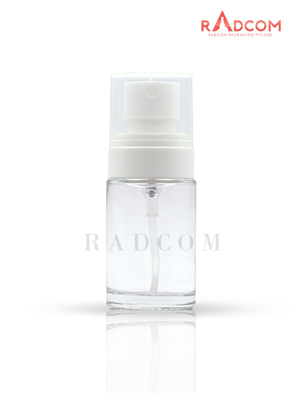 30ML Short and Straight Shoulder Clear Lotion Glass Bottles With 20mm White Plum Mist Pump With Over Cap