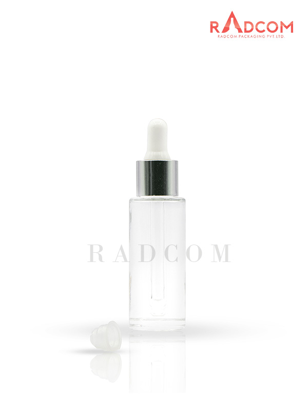 30ML Zermat Clear Lotion Glass Bottles With 20mm Long Silver Dropper Set With White Teat and Wiper