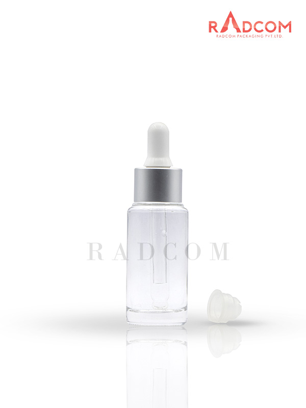 35ML Clear Lotion Glass Bottles With 20mm Matt Silver Dropper Set With White Teat and Wiper