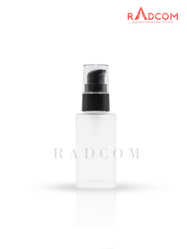 40ML Short Shoulder Clear Frosted Lotion Glass Bottles With 20mm Black Lotion Spray Pump With Acrylic Over Cap