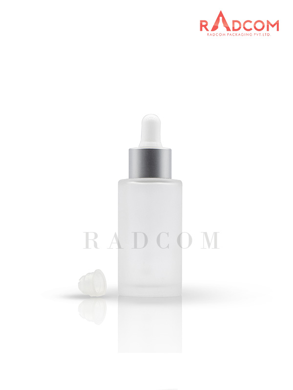 40ML Short Shoulder Clear Frosted Lotion Glass Bottles With 20mm Matt Silver Dropper Set With White Teat and Wiper