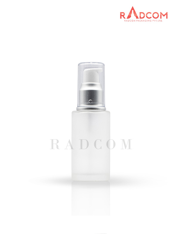 40ML Short Shoulder Clear Frosted Lotion Glass Bottles With 20mm Matt Silver Lotion Pump With Acyrlic Over Cap