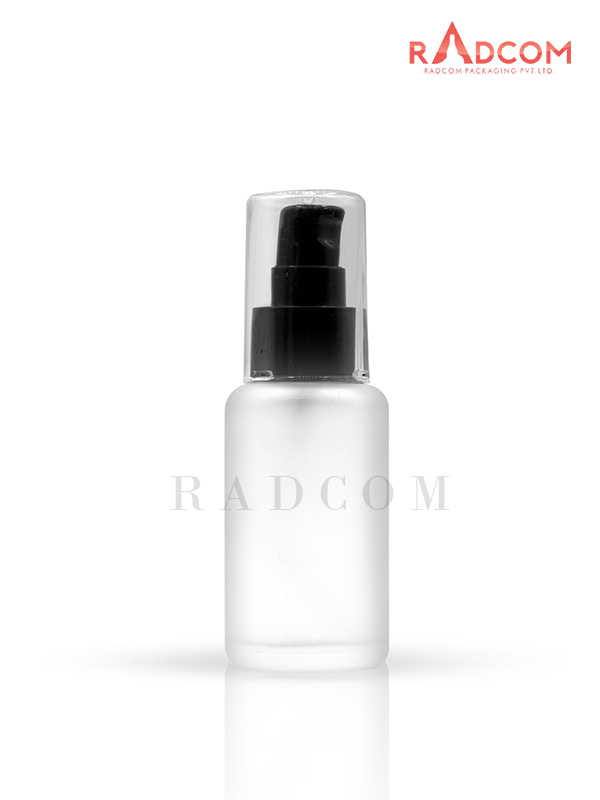 50ML Clear Frosted Luna Bottle With 24mm Black Square Nozzle Lotion Pump With Clear Over Cap