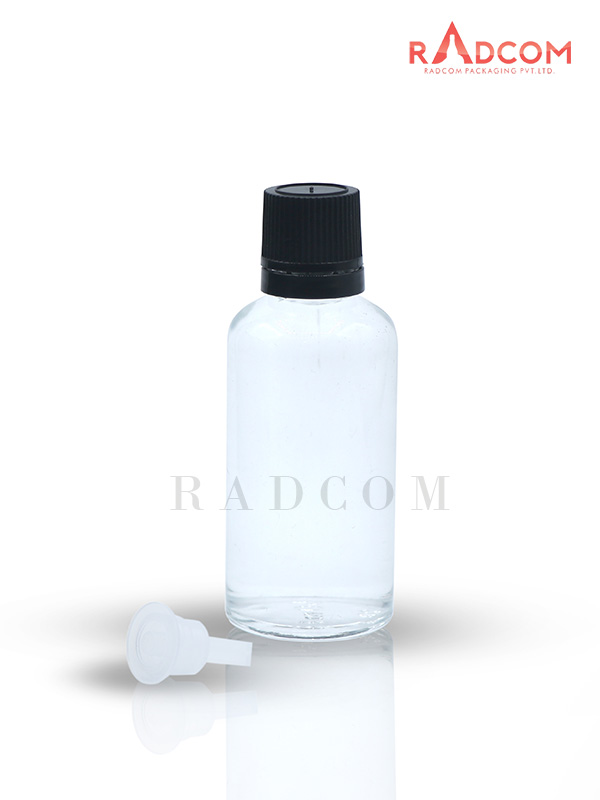 50ML Clear Glass Dropper Bottle with Black Type 3 Cap and Dropper