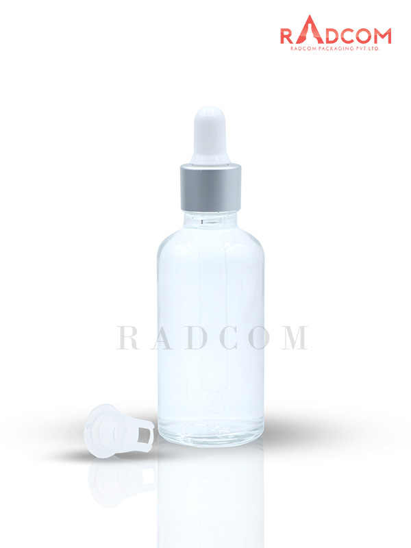 50ML Clear Glass Dropper Bottle with Matt Silver Dropper Set with White Teat and Plug