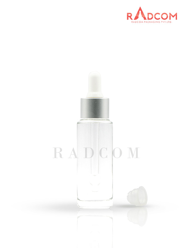 50ML Clear Lotion Glass Bottles With 20mm Matt Silver Dropper Set With White Teat and Wiper