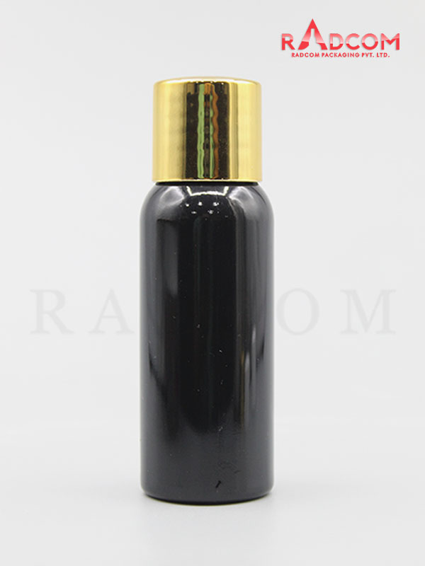 30ML Boston Opaque Black Pet Bottle with Shinny Gold Screw Cap with Zim Zam Plug