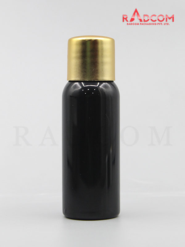 30ML Boston Opaque Black Pet Bottle with Matt Gold Screw Cap with Zim Zam Plug