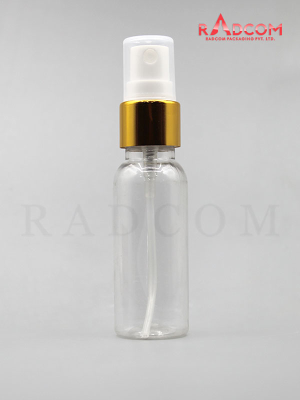 30ML Boston Clear Pet Bottle with White Mist Pump with Golden Aluminum Sleeve and PP Dust Cap