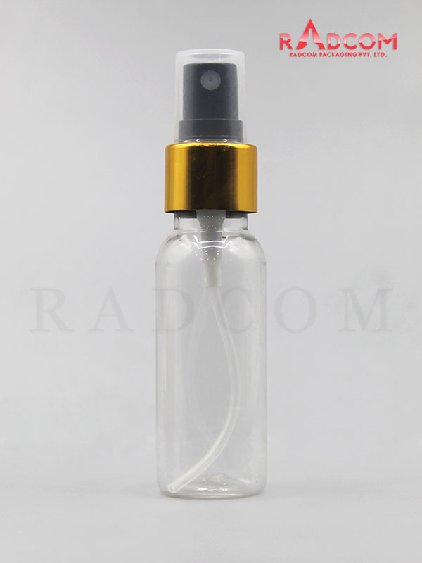 30ML Boston Clear Pet Bottle with Black Mist Pump with Golden Aluminum Sleeve and PP Dust Cap