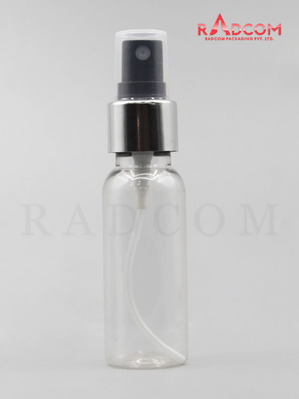 30ML Boston Clear Pet Bottle with Black Mist Pump with Silver Aluminum Sleeve and PP Dust Cap