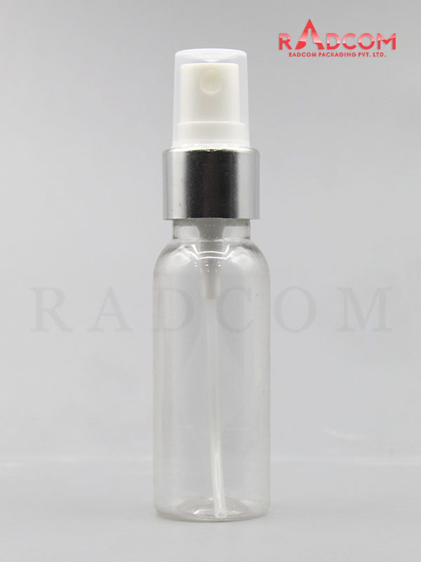 30ML Boston Clear Pet Bottle with White Mist Pump with Silver Aluminum Sleeve and PP Dust Cap