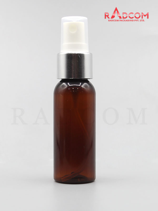 30ML Boston Amber Pet Bottle with White Mist Pump with Silver Aluminum Sleeve and PP Dust Cap