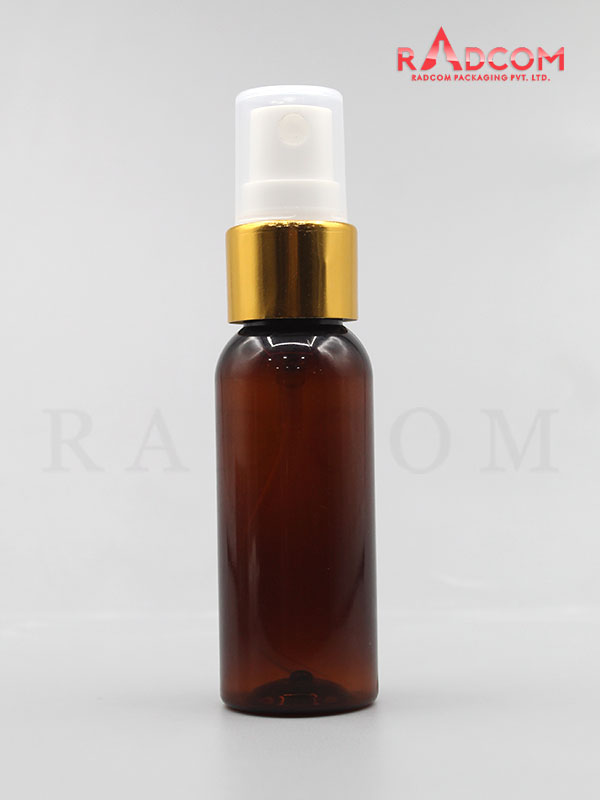 30ML Boston Amber Pet Bottle with White Mist Pump with Golden Aluminum Sleeve and PP Dust Cap