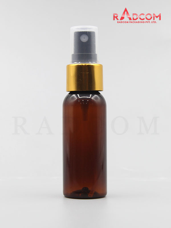 30ML Boston Amber Pet Bottle with Black Mist Pump with Golden Aluminum Sleeve and PP Dust Cap