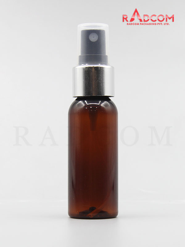 30ML Boston Amber Pet Bottle with Black Mist Pump with Silver Aluminum Sleeve and PP Dust Cap