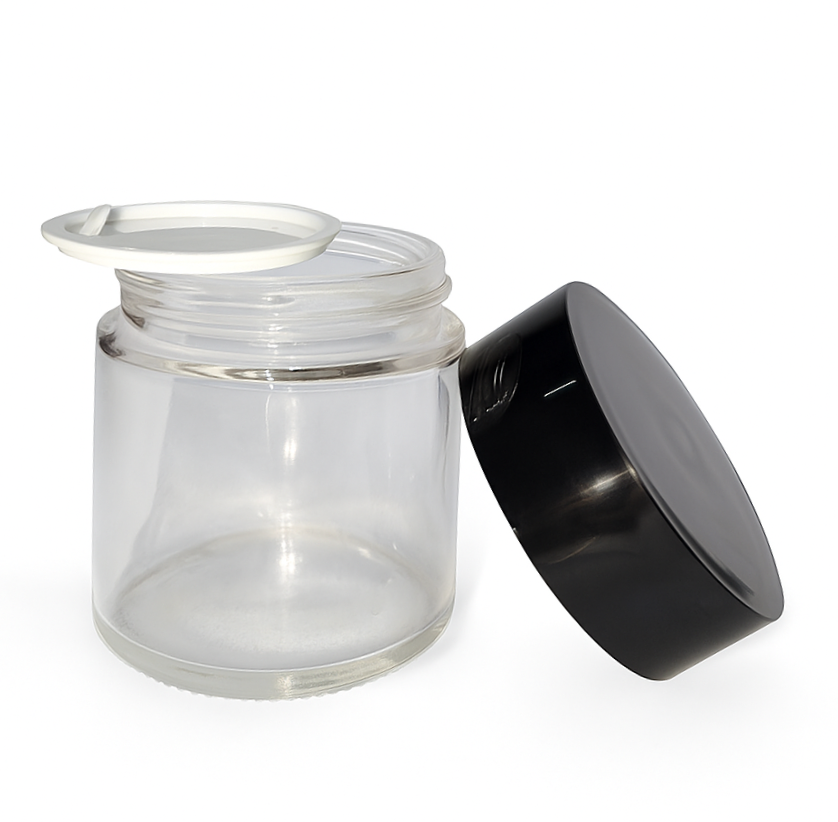 100GmLong Glass Jar - Clear-With Plastic Black Cap With Inner Lid