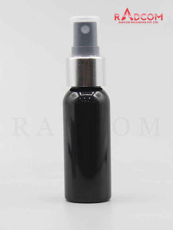 30ML Boston Opaque Black Pet Bottle with Black Mist Pump with Silver Aluminum Sleeve and PP Dust Cap