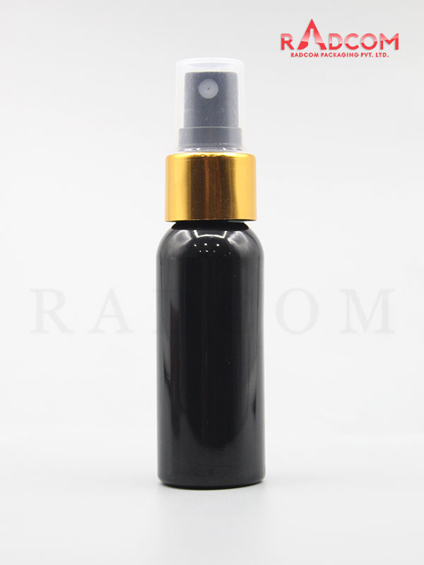 30ML Boston Opaque Black Pet Bottle with Black Mist Pump with Golden Aluminum Sleeve and PP Dust Cap