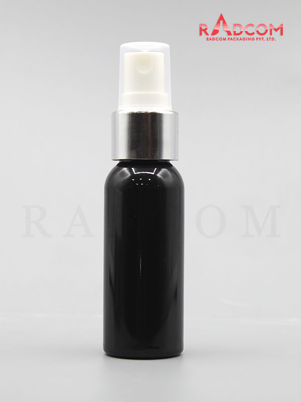 30ML Boston Opaque Black Pet Bottle with White Mist Pump with Silver Aluminum Sleeve and PP Dust Cap