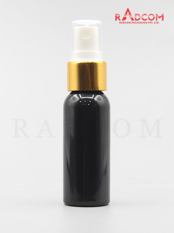 30ML Boston Opaque Black Pet Bottle with White Mist Pump with Golden Aluminum Sleeve and PP Dust Cap