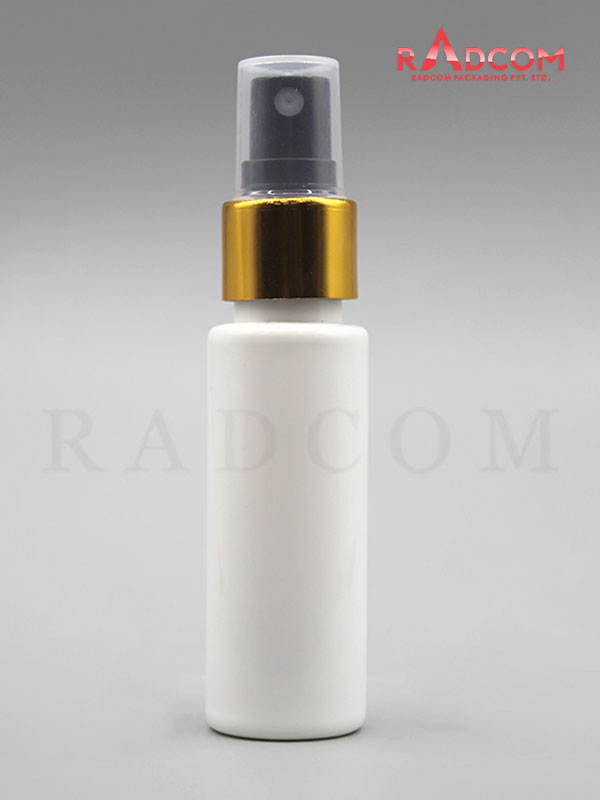 30ML Tulip Opaque White Pet Bottle with Black Mist Pump with Golden Aluminum Sleeve and PP Dust Cap