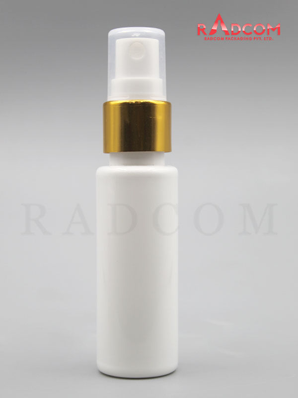 30ML Tulip Opaque White Pet Bottle with White Mist Pump with Golden Aluminum Sleeve and PP Dust Cap