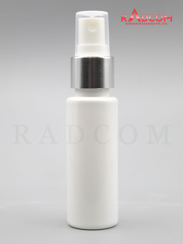 30ML Tulip Opaque White Pet Bottle with White Mist Pump with Silver Aluminum Sleeve and PP Dust Cap