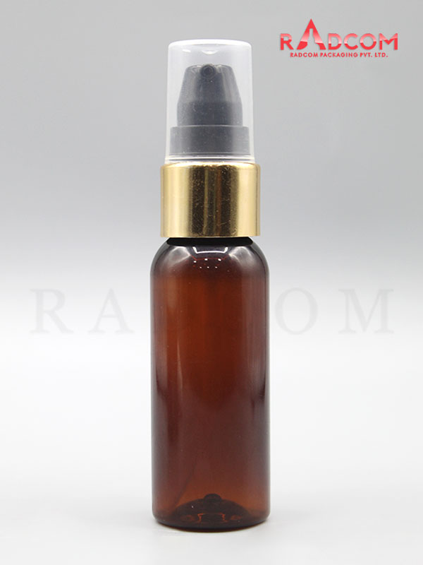 30ML Boston Amber Pet Bottle with Black Nozzle Pump with Golden Aluminum Sleeve and PP Dust Cap
