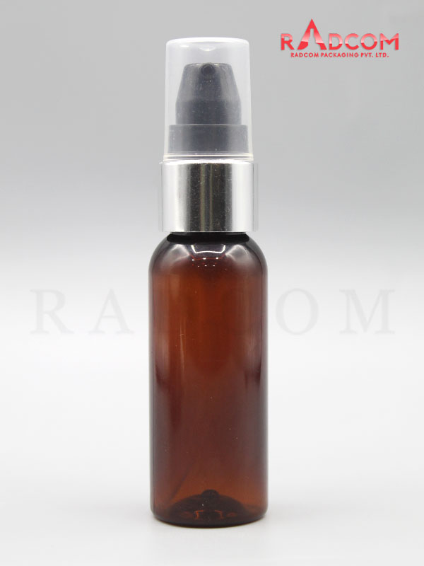30ML Boston Amber Pet Bottle with Black Nozzle Pump with Silver Aluminum Sleeve and PP Dust Cap