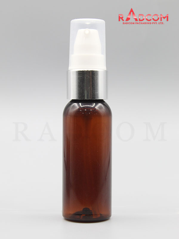 30ML Boston Amber Pet Bottle with White Nozzle Pump with Silver Aluminum Sleeve and PP Dust Cap