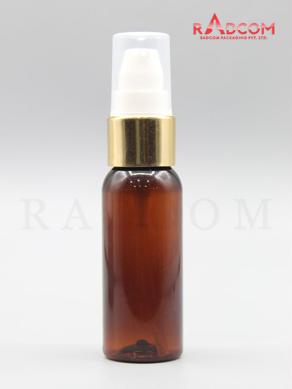 30ML Boston Amber Pet Bottle with White Nozzle Pump with Golden Aluminum Sleeve and PP Dust Cap