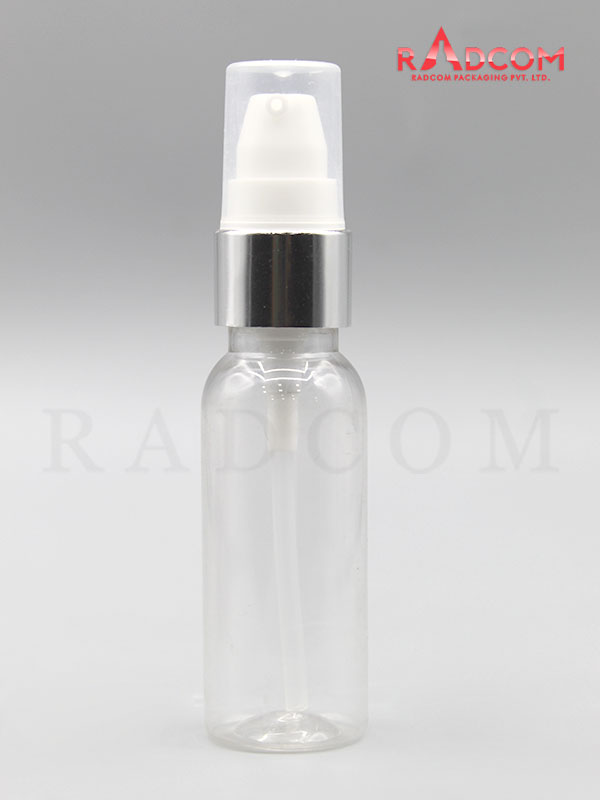 30ML Boston Clear Pet Bottle with White Nozzle Pump with Silver Aluminum Sleeve and PP Dust Cap