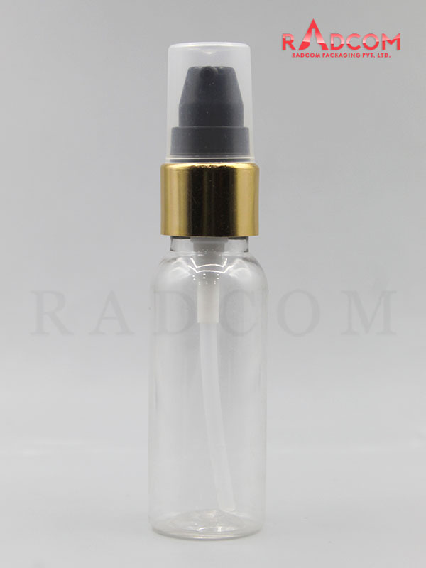 30ML Boston Clear Pet Bottle with Black Nozzle Pump with Golden Aluminum Sleeve and PP Dust Cap