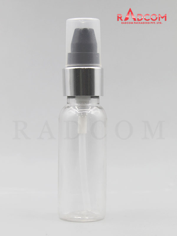 30ML Boston Clear Pet Bottle with Black Nozzle Pump with Silver Aluminum Sleeve and PP Dust Cap
