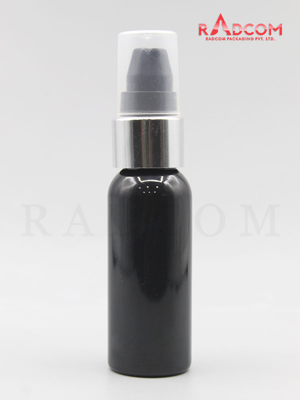 30ML Boston Opaque Black Pet Bottle with Black Nozzle Pump with Silver Aluminum Sleeve and PP Dust Cap