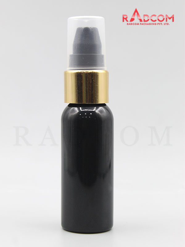 30ML Boston Opaque Black Pet Bottle with Black Nozzle Pump with Golden Aluminum Sleeve and PP Dust Cap